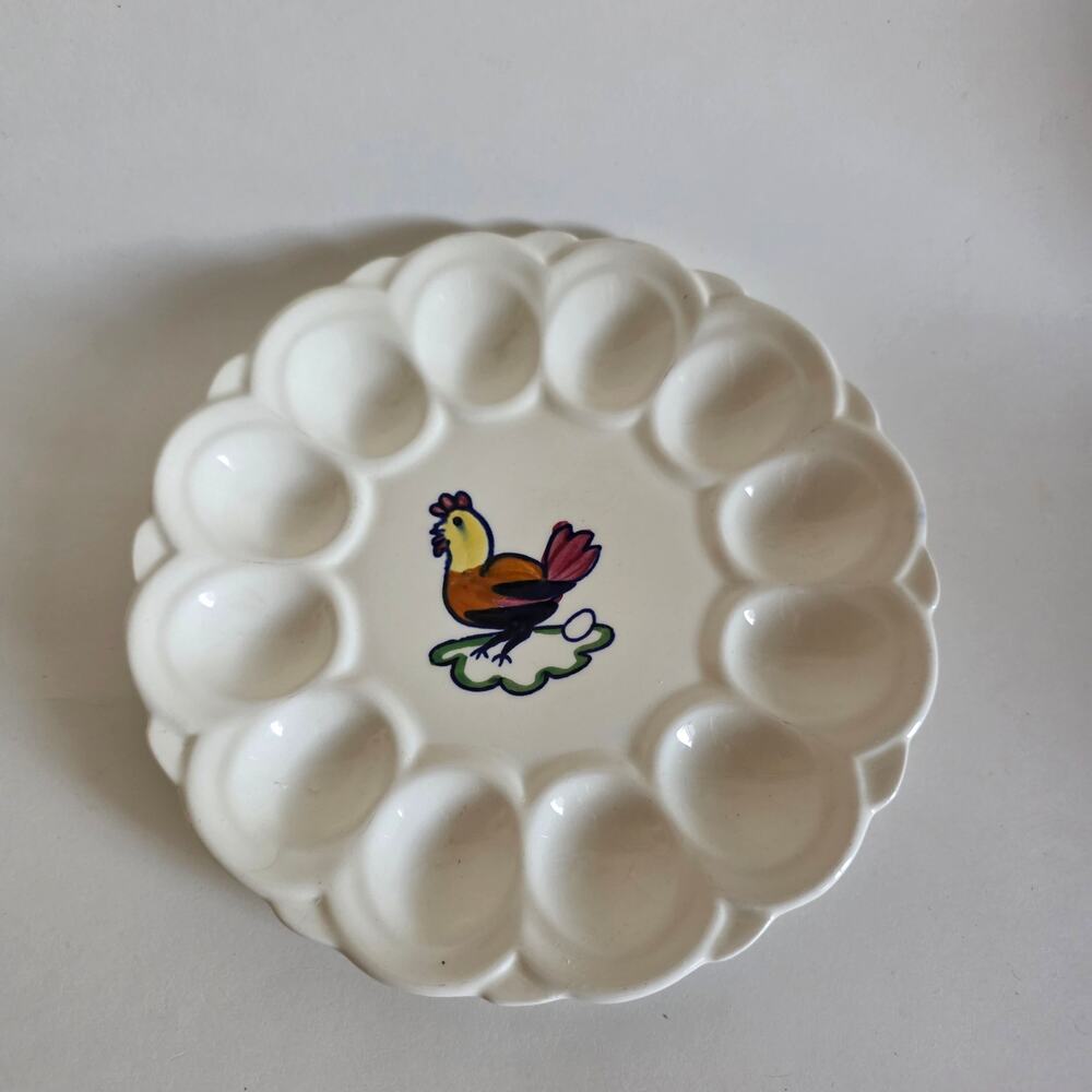Vintage PV Rooster Deviled Egg Plate White Ceramic 12 Egg Serving Platter